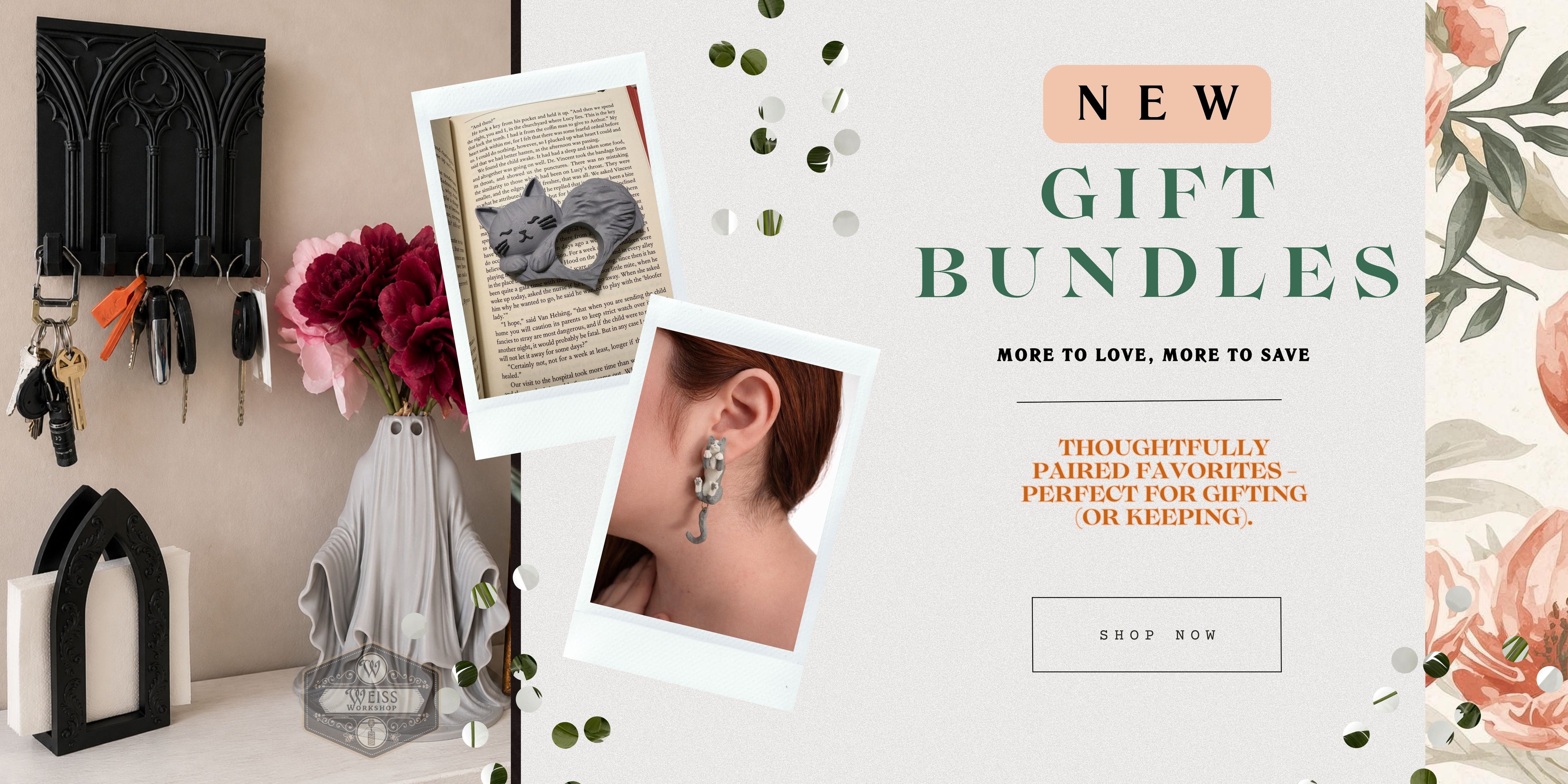 Promotional banner for new gift bundles with decorative items and text.