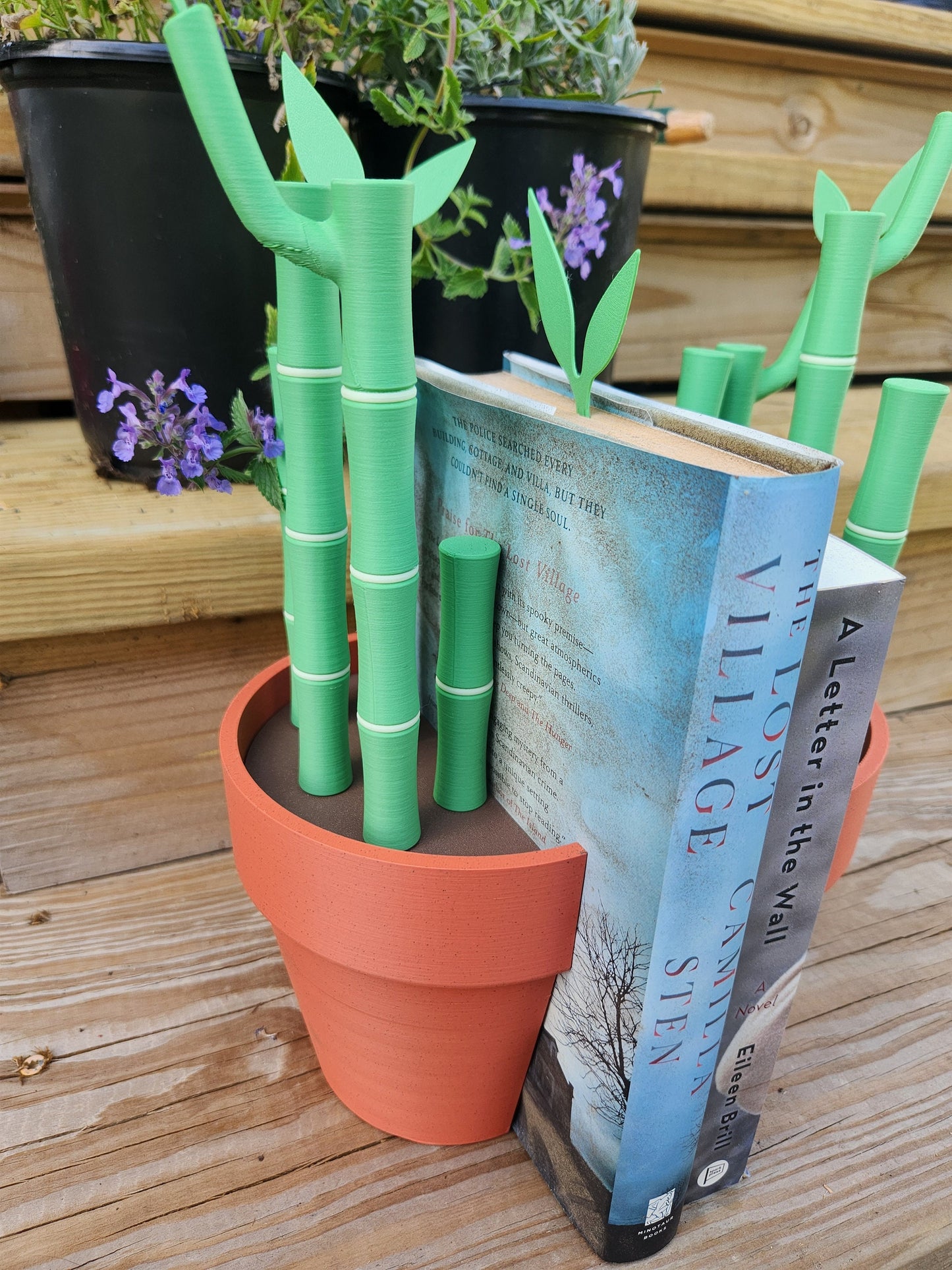 Bambookends -- bambu plant desk organizer or book ends with pens, highlighters, sticky notes, and book marks