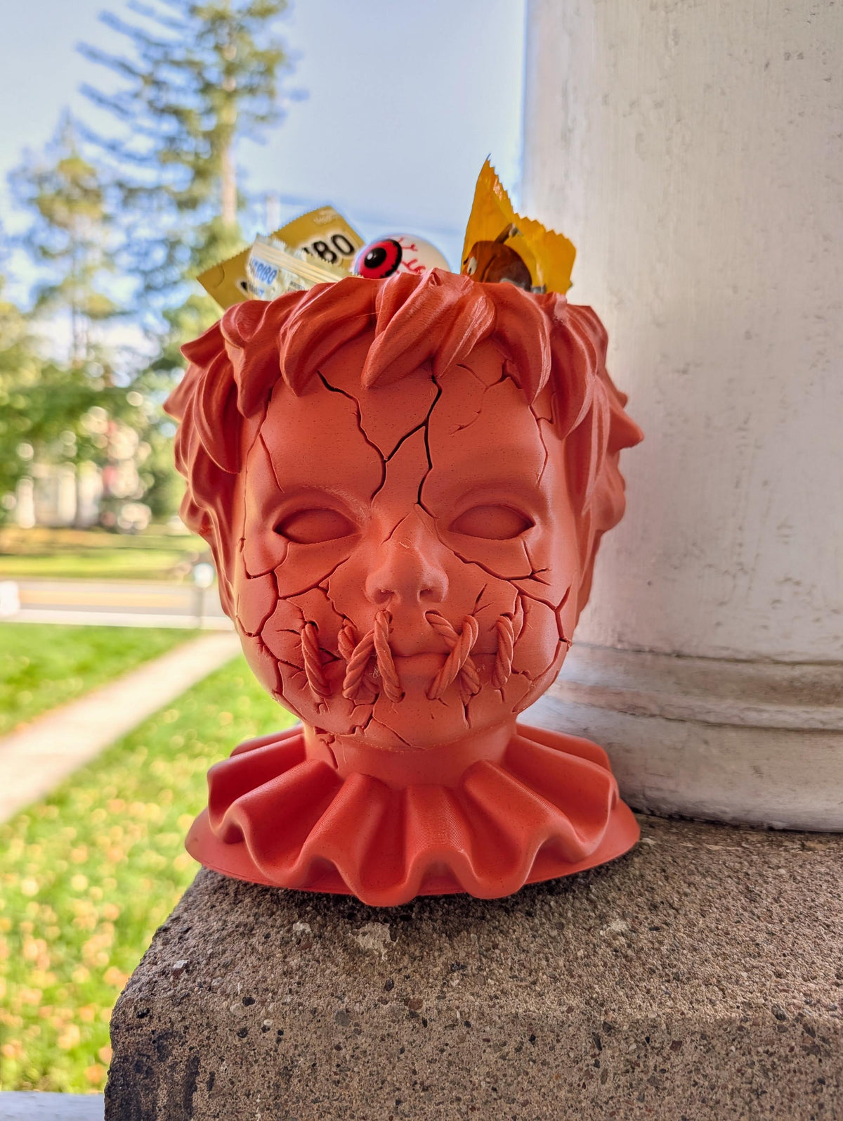 Nightmare Candy Bowl Creepy Doll Head Spooky Halloween Decor Gothic Stitched Mouth Dish