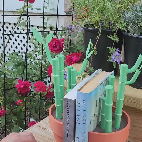 Bamboo Plant Desk Organizer: Bookends with Pens & Bookmarks