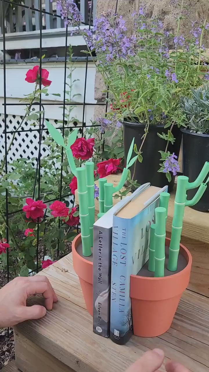 Bamboo Plant Desk Organizer: Bookends with Pens & Bookmarks